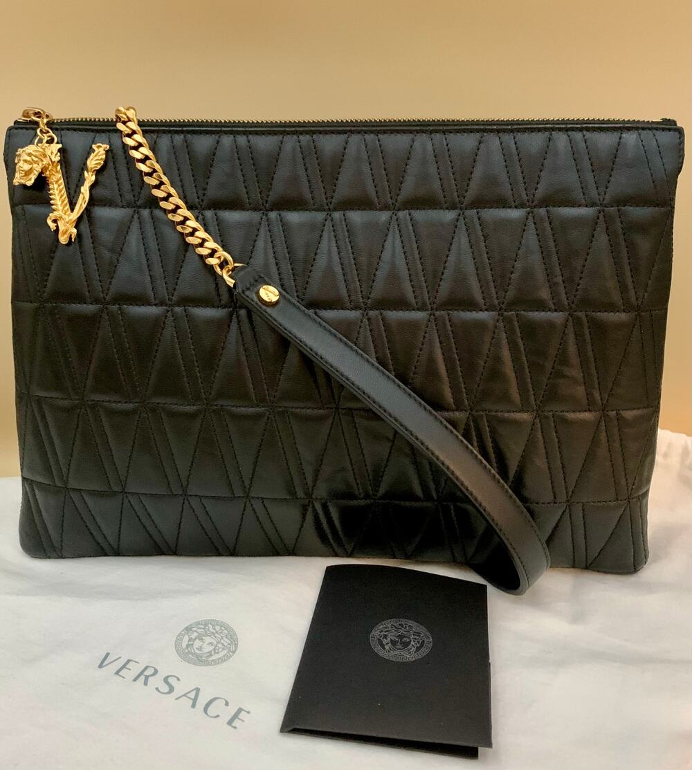 VERSACE Virtus V Bag Black Shoulder Crossbody Clutch Quilted Strap Authentic NEW